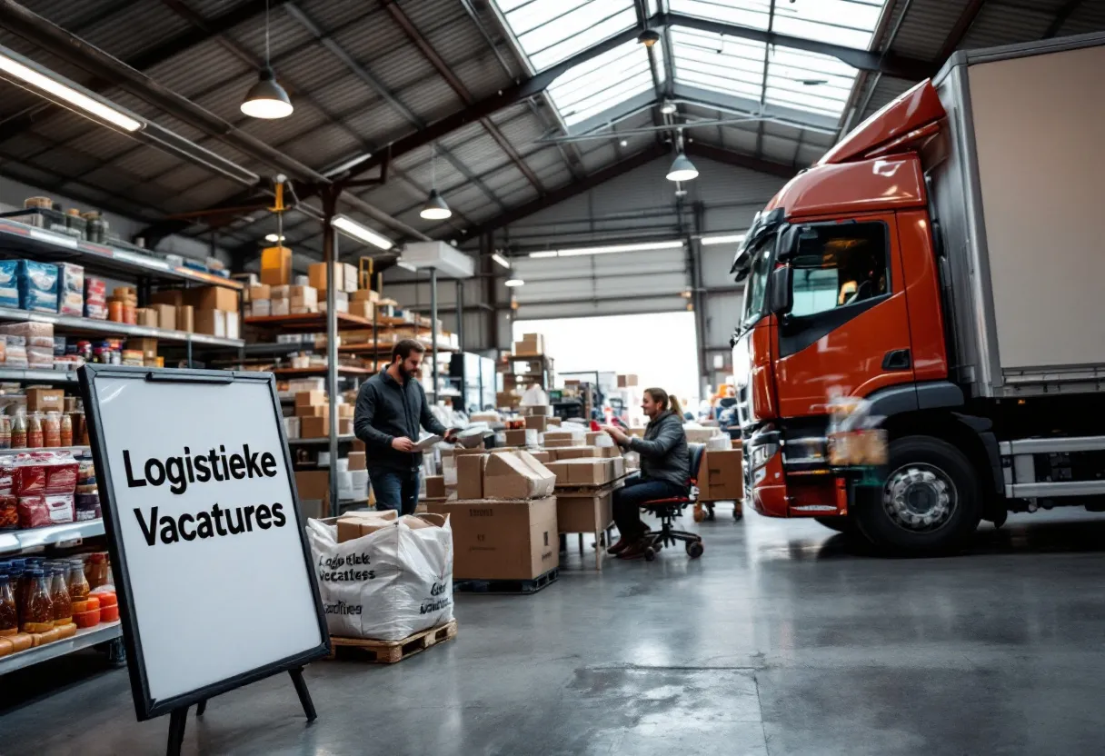 Een magazijn in Vlaanderen met een heftruckchauffeur die dozen verplaatst, terwijl een collega bestellingen pickt en een groot bord met 'Logistieke Vacatures' zichtbaar is.