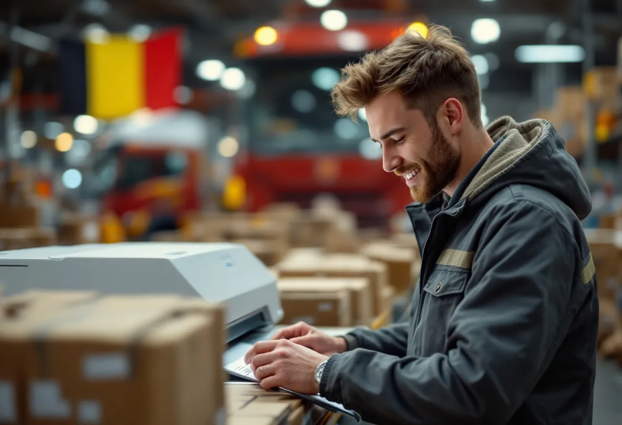 Een magazijn in Vlaanderen met een glimlachende jonge man die een scanner gebruikt om dozen op een stelling te scannen, terwijl op de achtergrond heftrucks rijden en de Belgische vlag zichtbaar is.