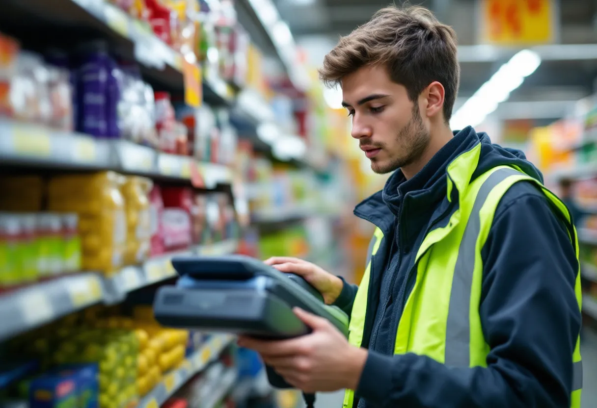 Een jonge student in een fluorescent veiligheidshesje scant dozen in een magazijn met een handscanner, terwijl hij geconcentreerd naar een rek kijkt.