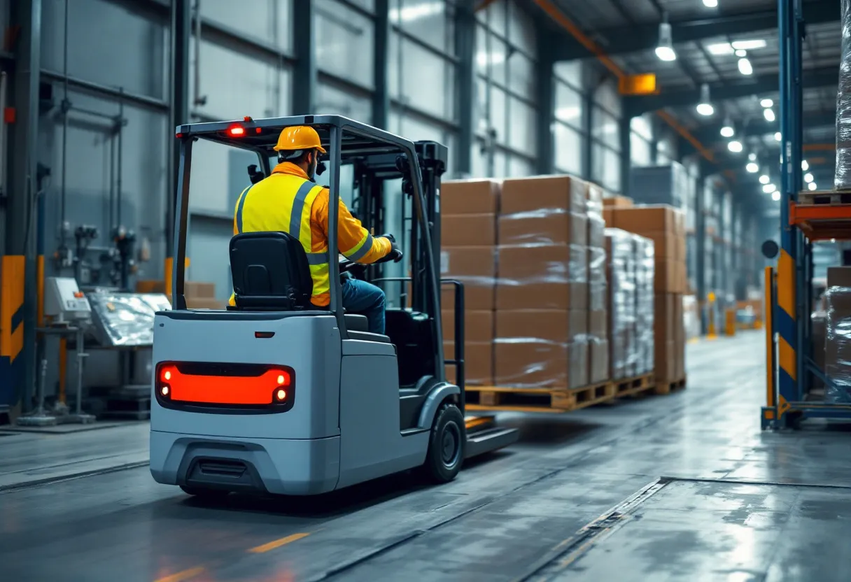 Een heftruckchauffeur in een geel veiligheidsvest en helm rijdt met een elektrische heftruck door de gang van een groot magazijn, terwijl hij een pallet vol dozen naar de stellingen brengt in een Vlaams distributiecentrum.