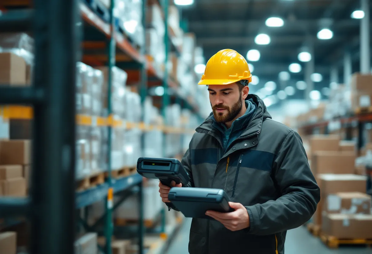 Een jonge man in een magazijn scant een doos met een handscanner, naast een palletwagen, omringd door stellingen vol goederen in een helder verlichte logistieke hal.
