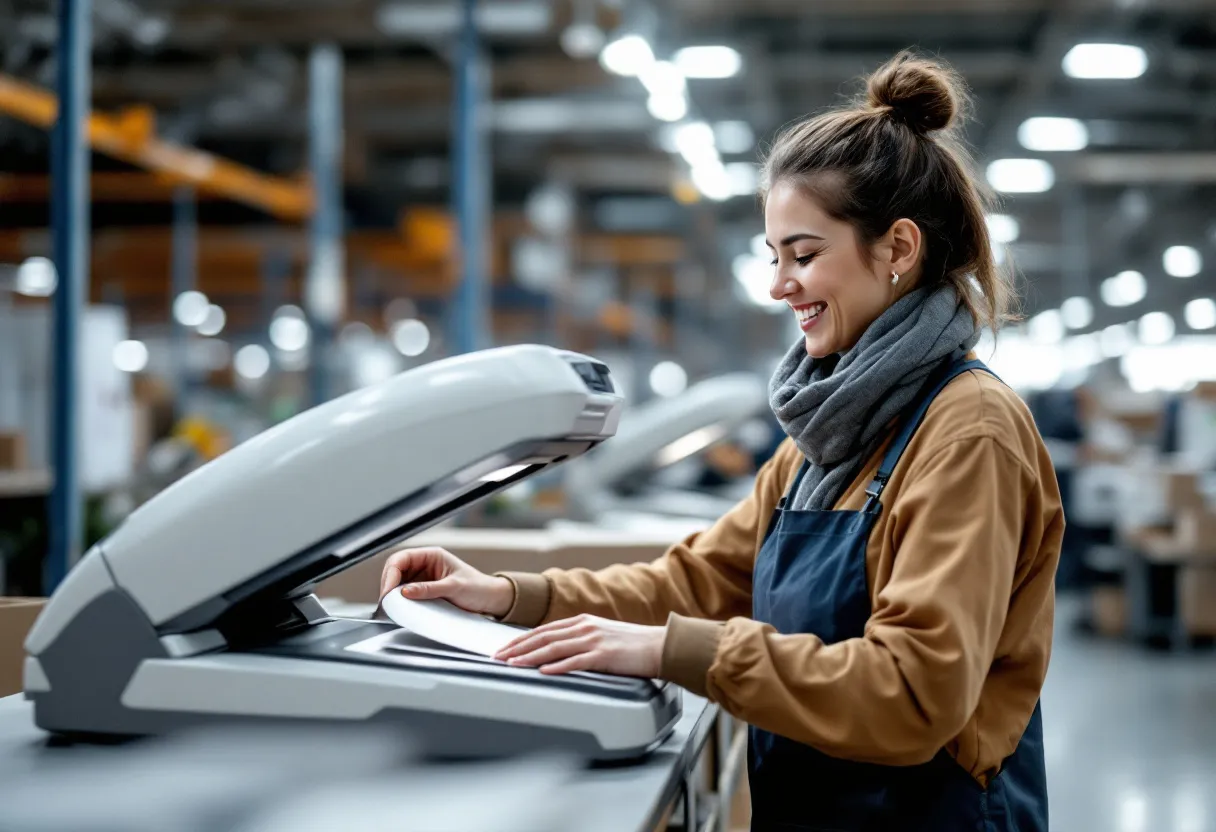 Een lachende vrouwelijke magazijnmedewerker in een modern, helder magazijn in Vlaanderen scant een doos met een scanner, klaar voor haar deeltijdse shift.