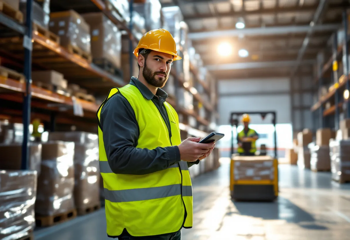 Een jonge logistiek medewerker met een veiligheidsvestje en scanner controleert dozen op een pallet in een helder verlicht magazijn, terwijl op de achtergrond een collega een pallettruck bestuurt en de zon door een groot industrieel raam schijnt.