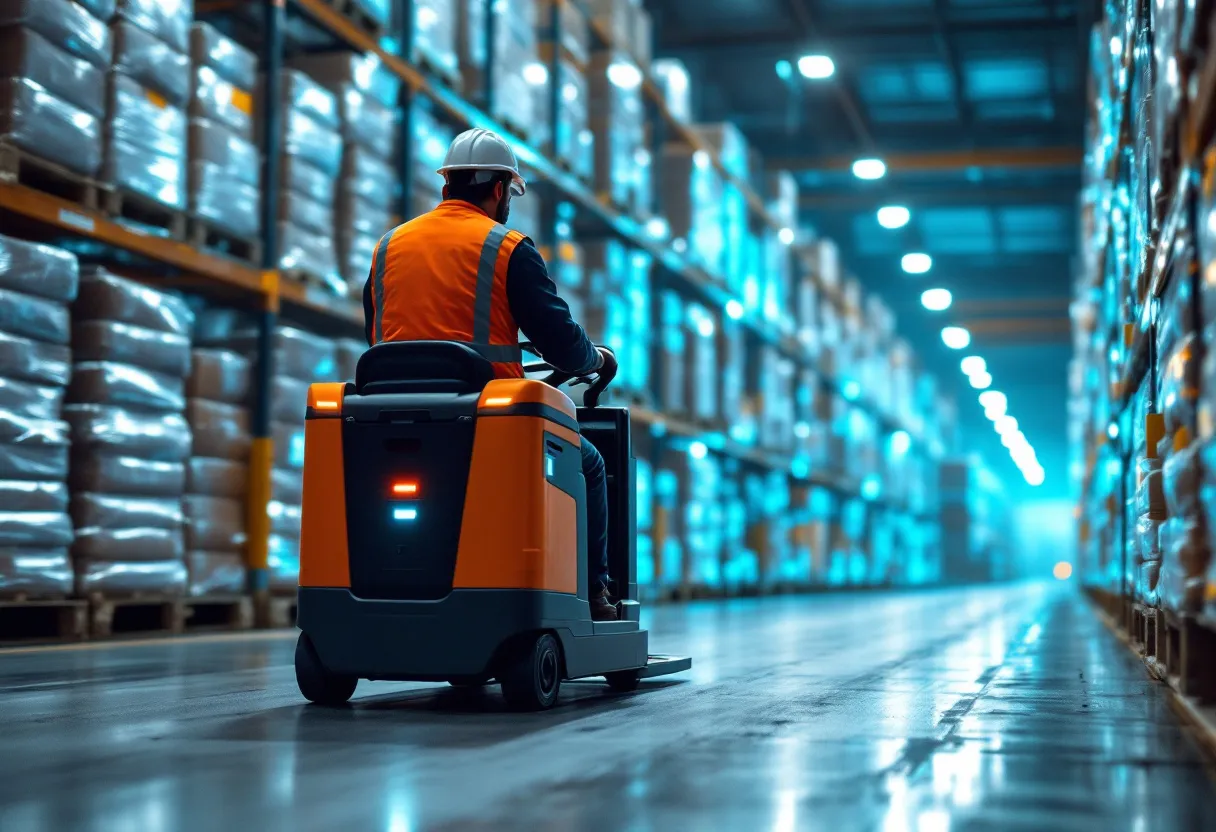 Een magazijnmedewerker in een Vlaams distributiecentrum rijdt tijdens de avondshift met een elektrische palletwagen tussen hoge stellingen, omringd door dozen en een koelblauwe LED-verlichting