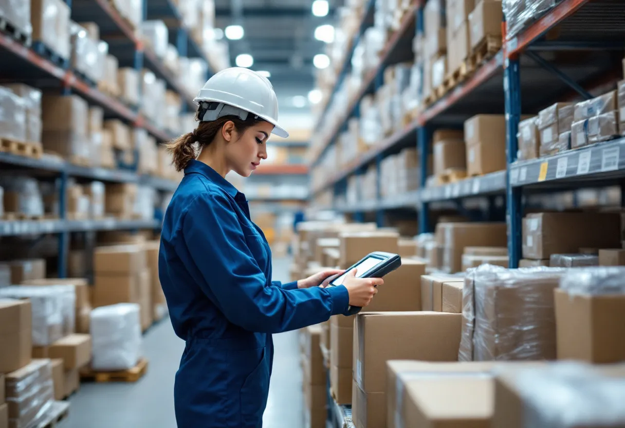 Een vrouwelijke logistiek assistent in een blauwe overall en veiligheidsschoenen controleert een bestelling met een scanner in een magazijn vol stellingen.
