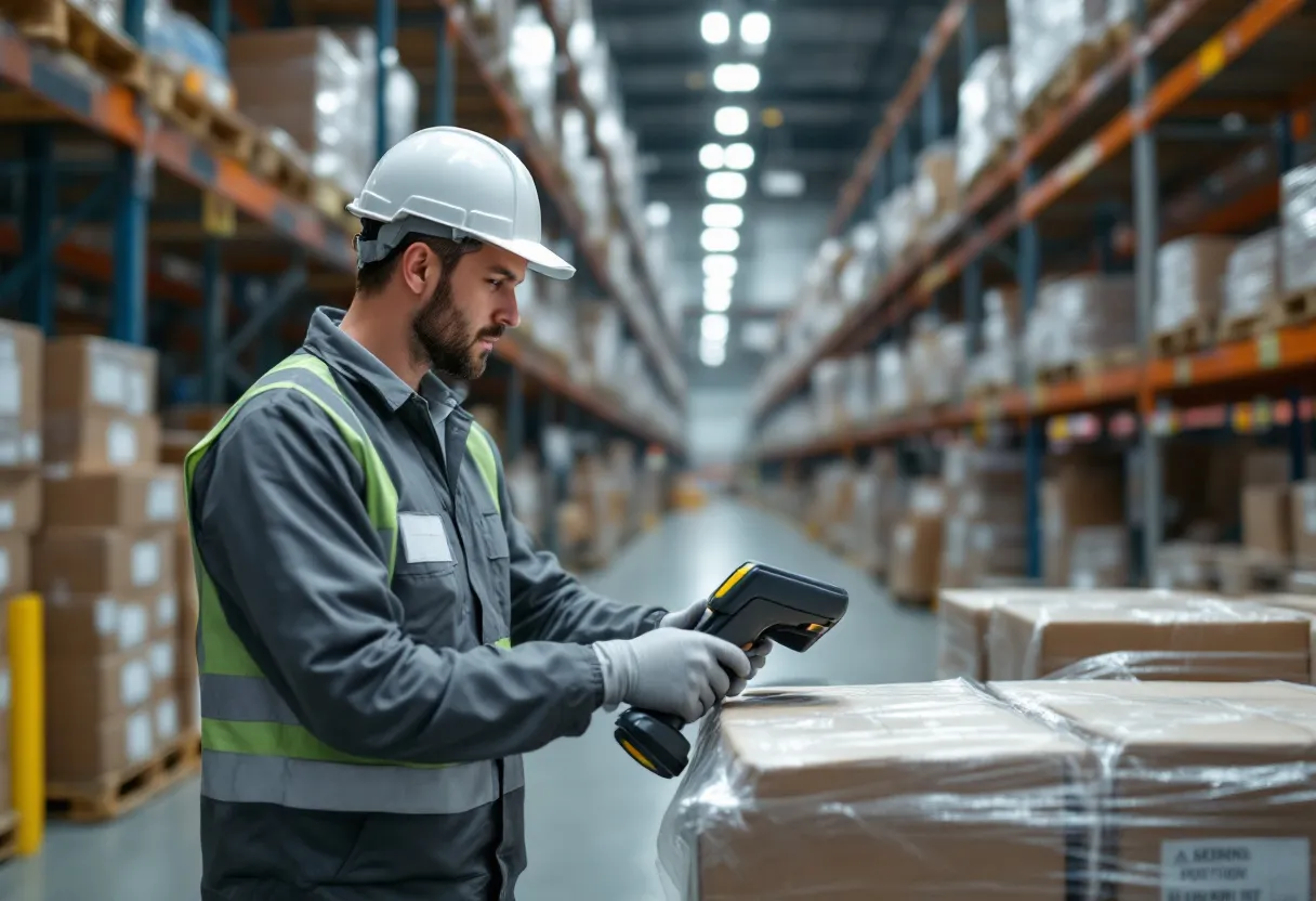Een logistiek medewerker in een helder verlicht magazijn in de haven van Antwerpen, die met een scanner dozen controleert op een pallet, met op de achtergrond stapelaars en stellingen vol goederen.