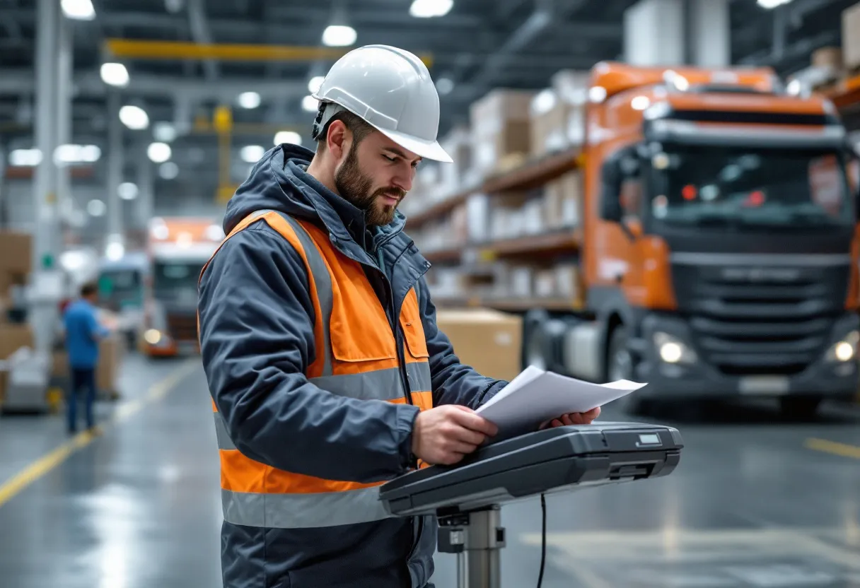 Een magazijnmedewerker in een modern logistiek centrum in Gent scant een doos met een handscanner, op de achtergrond rijden heftrucks en staan rekken vol goederen.