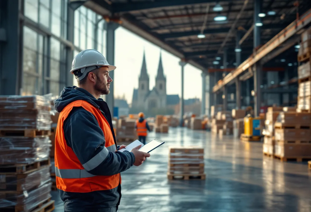 Een fotorealistische afbeelding van een magazijnmedewerker in een modern logistiek centrum in Brugge, met heftrucks en palletten op de voorgrond en op de achtergrond zicht op de iconische Belforttoren van Brugge.