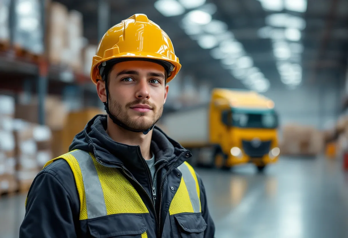Een jonge starter in een veiligheidshesje en helm staat glimlachend in een groot, helder magazijn met palletten en een heftruck op de achtergrond.