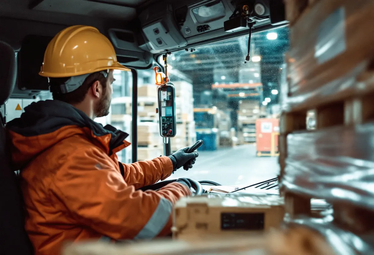 Een heftruckchauffeur in een helder magazijn in Vlaanderen, veiligheidshelm op, die geconcentreerd pallets verplaatst.