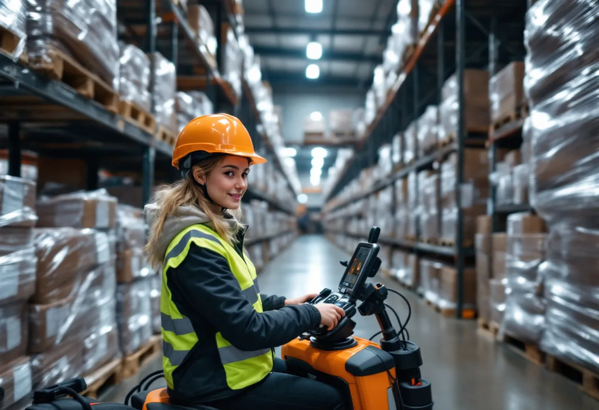 Een jonge vrouw in veiligheidsvest en helm bedient een elektrische heftruck in een helder verlicht magazijn met hoge stellingen en palletten vol dozen.