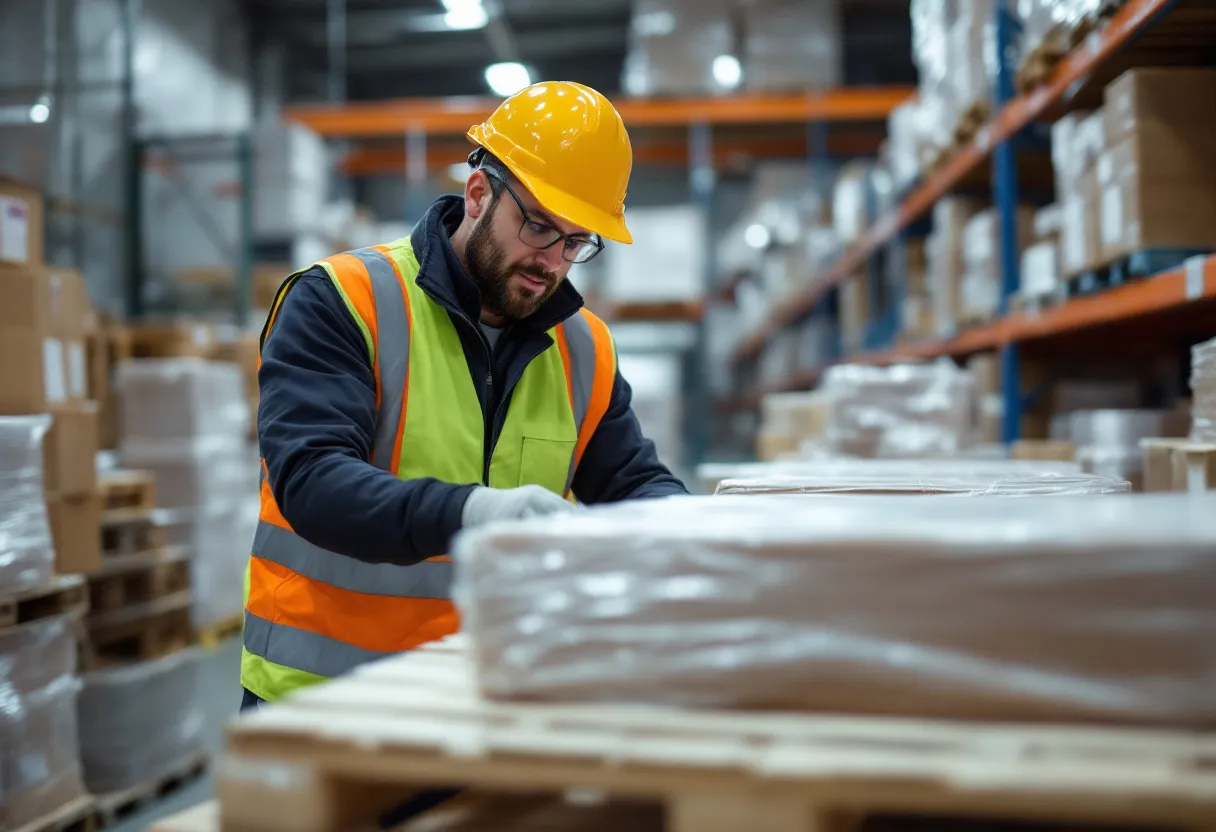 Een magazijnier in een veiligheidsvest scant een pallet met een scanner in een goed verlicht magazijn in Vlaanderen.