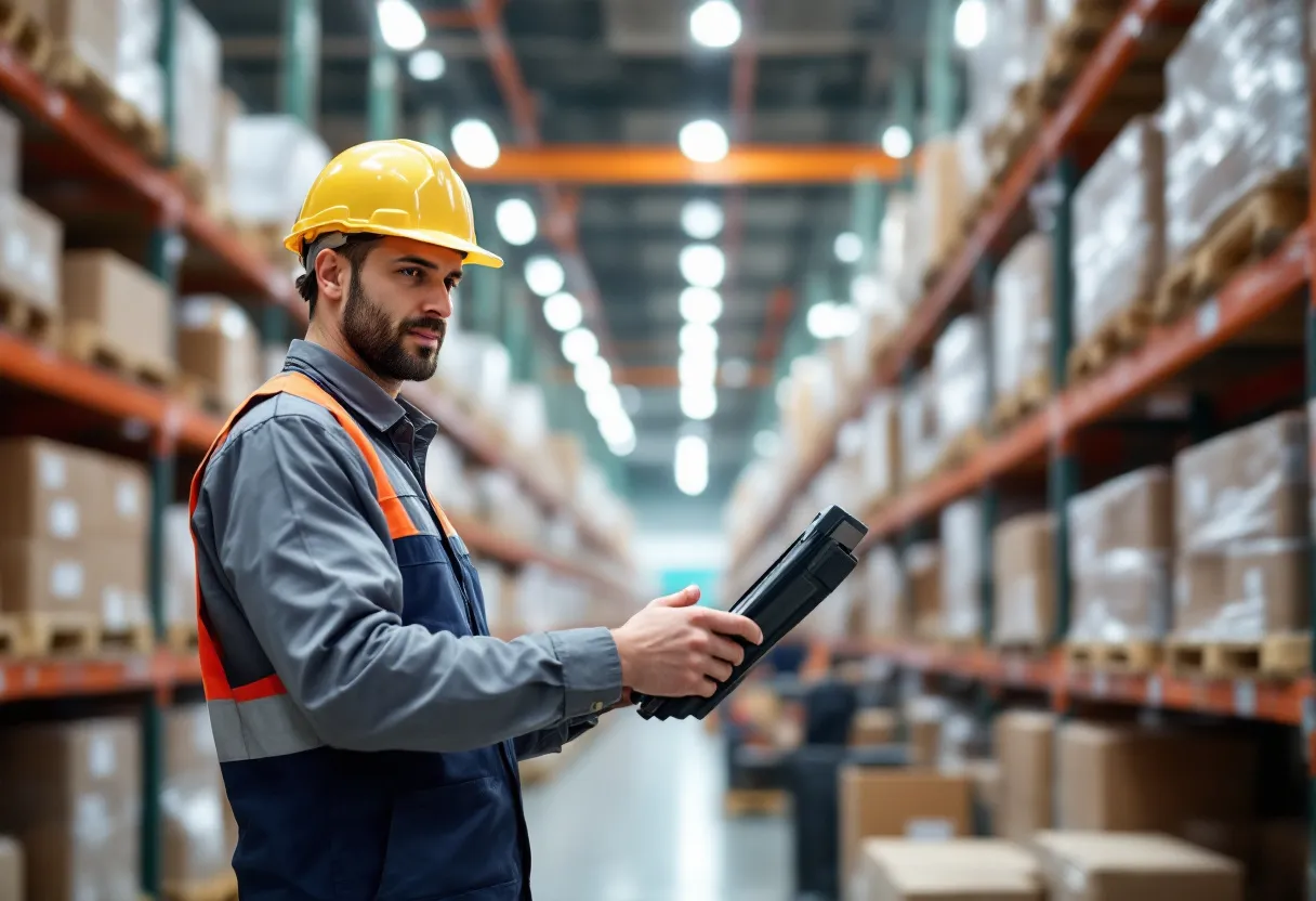Een magazijnmedewerker in een groot Vlaams distributiecentrum scant een doos met een handterminal terwijl hij tussen hoge stellingen met pallets loopt.