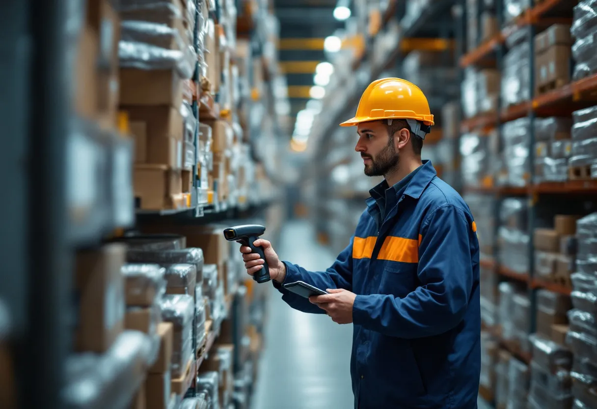 Een logistiek medewerker in een Vlaams magazijn scant producten met een handscanner, omringd door rekken vol dozen, met zacht ochtendlicht dat door de ramen valt.