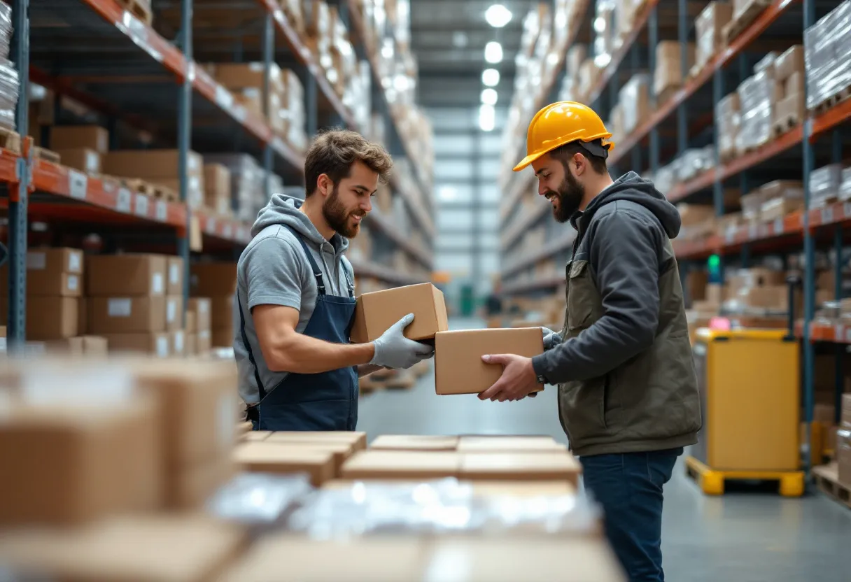Een jonge student sorteert pakketten in een helder verlicht magazijn, omringd door dozen en een pallettruck, terwijl een collega hem aanwijzingen geeft.