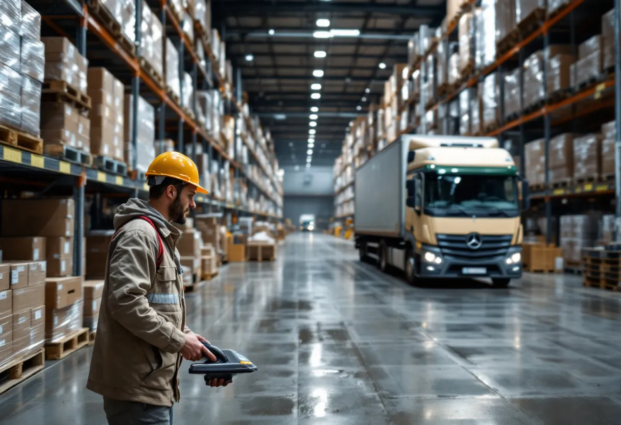 Een orderpicker in een groot, helder verlicht magazijn in Vlaanderen, met een scanner in de hand, omringd door hoge stellingen vol dozen en pallets, terwijl er een gele heftruck voorbijrijdt.